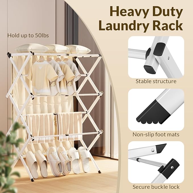 Clothes Drying Rack,Expandable Collapsible Heavy Duty Metal Laundry Standing Rack for Air Drying Clothing,3-Tier Portable Space Saving Clothing Rack for Laundry Indoor Outdoor(White)