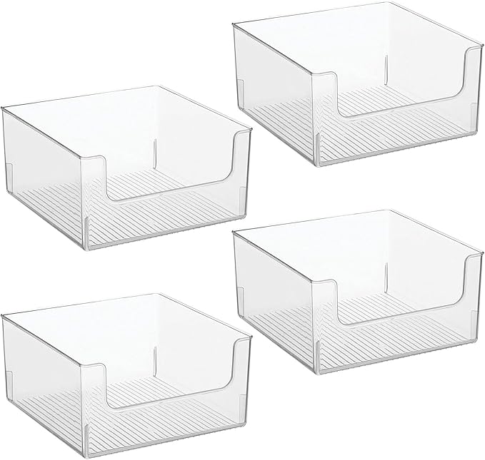 mDesign Plastic Modern Wide Open Front Dip Storage Organizer Bin Basket for Household Organization - Shelves, Cubby, Cabinet, and Closet Organizing Decor - Ligne Collection - 4 Pack - Clear