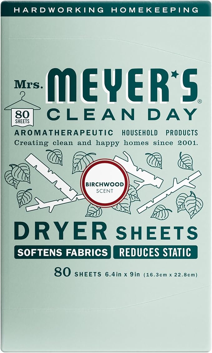 MRS. MEYER'S CLEAN DAY Dryer Sheets, Fabric Softener, Reduces Static, Infused with Essential Oils, Birchwood, 80 Count