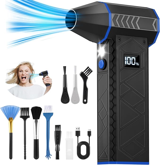 Compressed Air Duster- 4 Speeds Adjustable Electric Air Duster with Digits Display LED Lights,One Charge for 100 Mins, Rechargeable Cordless Air Blower for Keyboard, PC, Car, Home and Outdoor