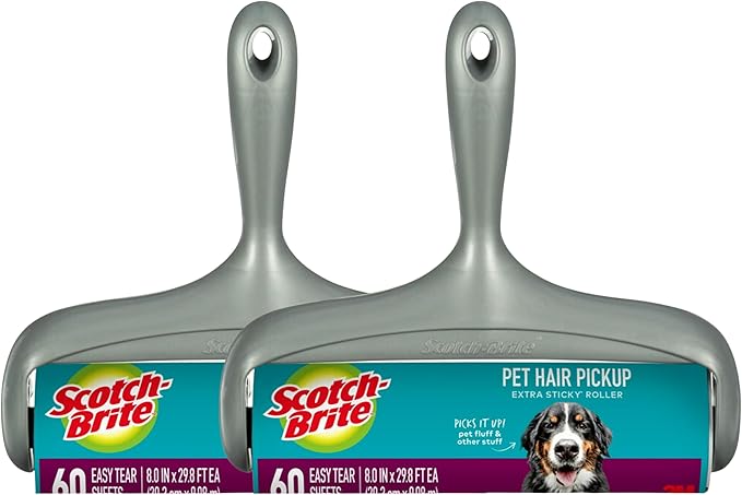 Scotch-Brite Pet Hair Pickup Extra Sticky Large Surface Lint Roller with Handle, 50% Stickier, 8 in x 29.8 ft Each, 2 Pack, 120 Easy-Tear Sheets Total