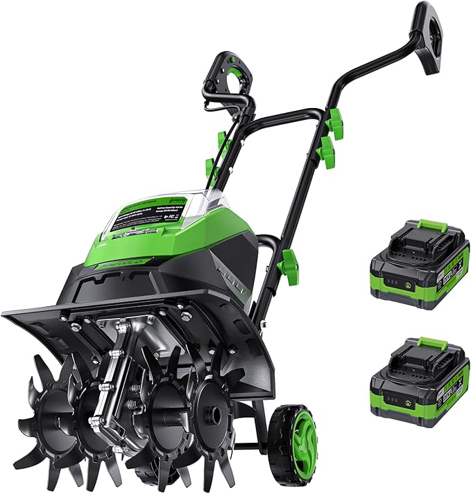 20V Battery Tiller for Gardening, Cordless Electric Tiller Cultivator with 2×4.0Ah Batteries, 14" Tilling Width, 8.7" Depth, 48 Steel Tines Rototiller for Soil Cultivation