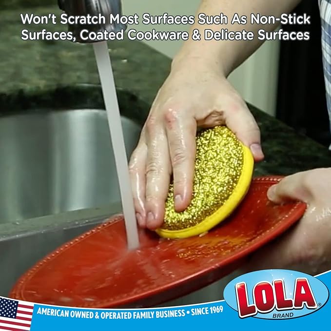 LOLA Round N' Round Wonder Non-Scratch Scouring Pad, 1 Count, Metallic on One Side, Nylon Net Sponge On Other Side, Hang Hole, Assorted Colors