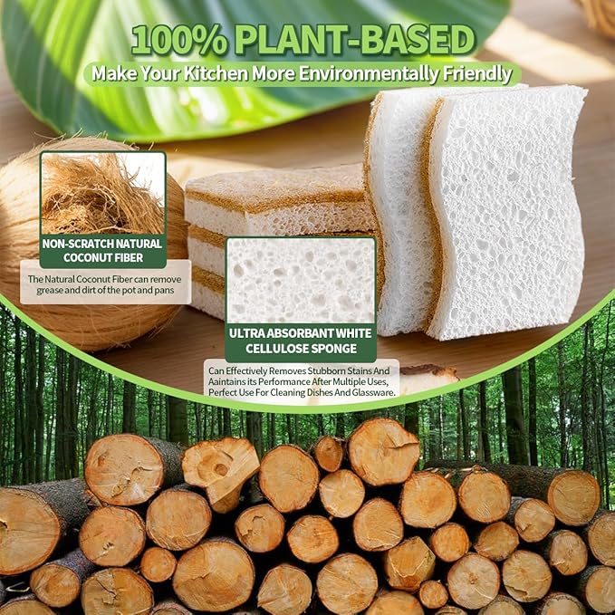 Sponges Kitchen Natural Dish Sponge Plant-Based Biodegradable Compostable Cellulose with Coconut Scrubber Sponge Non Scratch Eco Friendly Kitchen sponges for Kitchen Dishes