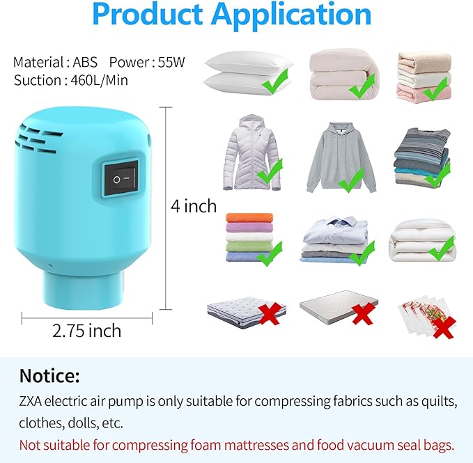 Electric Pump for Vacuum Storage Bags, 55W 5000PA Portable Travel Vacuum Pump for Storage Bags