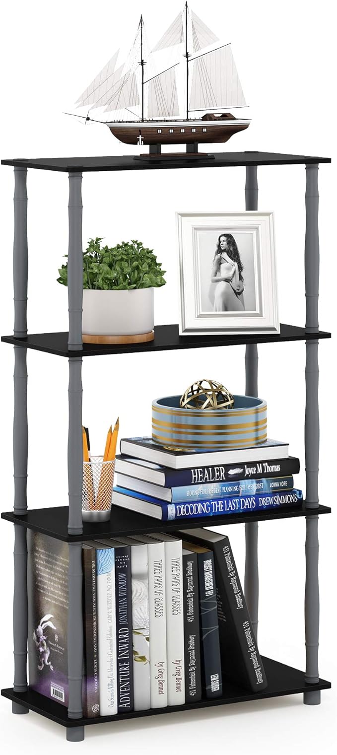 Furinno Turn-N-Tube 4-Tier Multipurpose Shelf Display Rack, Classic Tubes, Black/Grey