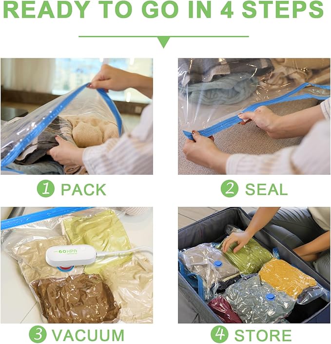 12 Pack Vacuum Seal Bags for Clothing Travel with -60000Pa USB Pump, Save 80% of Space for Clothes (12 Combo)
