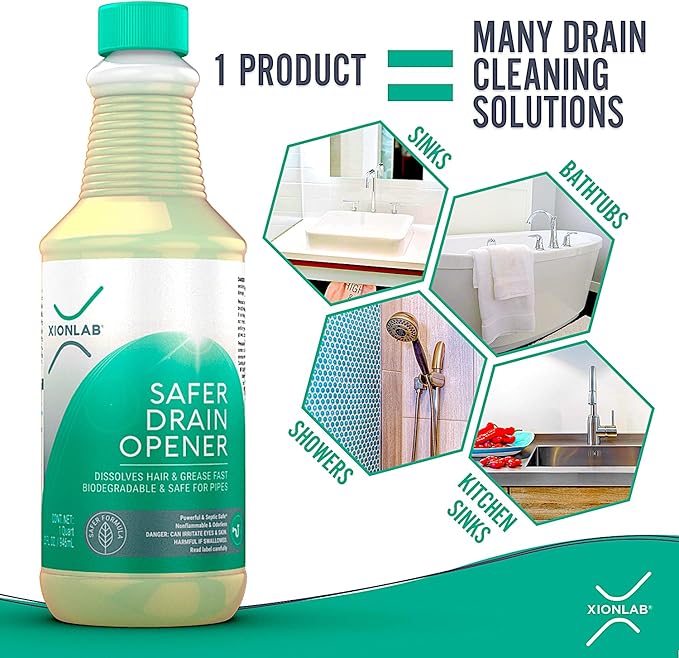 XionLab Safer, Greener Drain Clog Remover – Industrial-Strength Liquid Drain Cleaner for Hair & Grease – Septic Safe, Odorless, Biodegradable for Bathroom Sink, Bath Tub, & Shower Drain – 32 oz