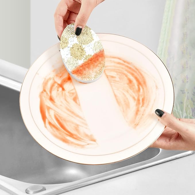 Kcldeci 3 Pack Kitchen Dish Scrub Sponge Pads Floral Gold Patterns Trendy Gold Glitter Scrubber Kitchen Sponges for Dishes Dishwashing Household Cleaning Sponges for Kitchen