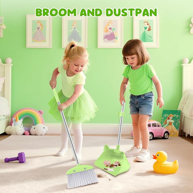 Mini Broom with Dustpan for Kids, 28-in Handle Kids Broom and Dustpan Set for Toddlers Cat-Shaped Children Broom and Cleaning Set Boys Girls Small Housekeeping Helper Set, Green