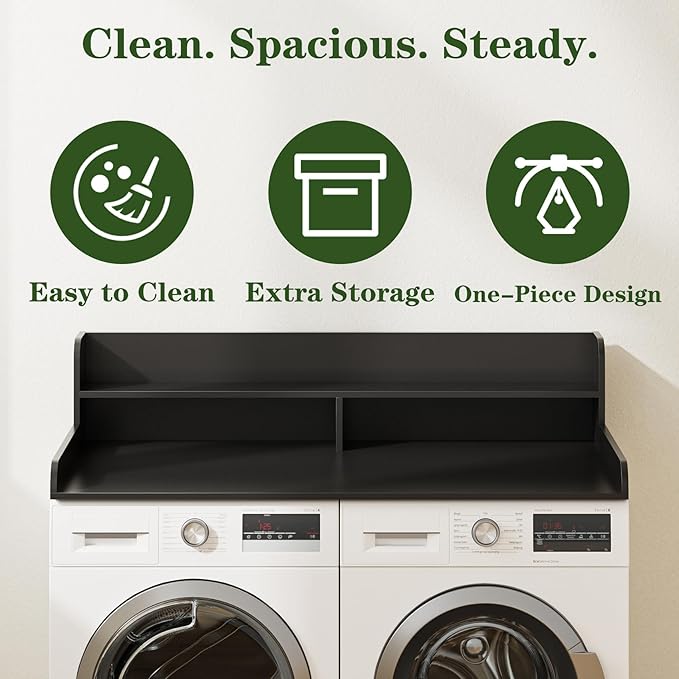 2-Tier Washer Dryer Countertop, Laundry Room Organization and Storage, 27.6" x 54" Wood Laundry Countertop for Washer and Dryer, Black