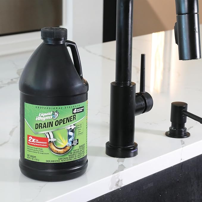 Liquid Rhyno 62 oz. Drain Opener, 2X Concentrate Hair Clog Remover for Sink, Bathtub or Shower Drains, Fast Acting Pro Strength Clears Slow-Flowing Drains, Safe for all Drain Pipes, 4 Treatments