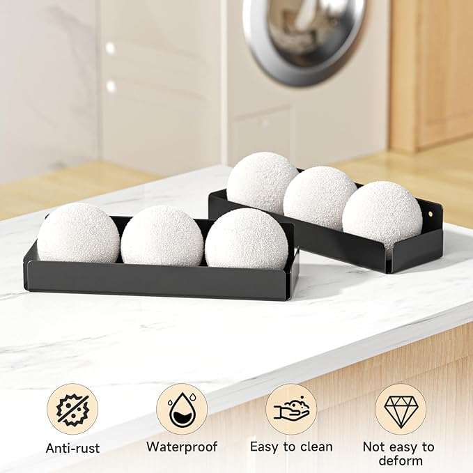 2PCS Dryer Ball Holder Wall Mounted, Dryer Balls Container Shelves for Laundry Room, Metal Self Adhesive Dryer Balls Dispenser for Laundry Accessories Organization and Storage, Black