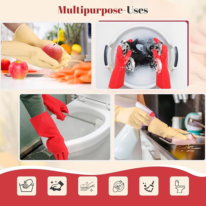 Rubber Cleaning Gloves for Dishwashing - 6 Pairs Kitchen Gloves for Washing Dishes, Reusable Household Gloves for Bathroom, Gardening (Medium, Red & Yellow, 3 Pairs of Each Color)