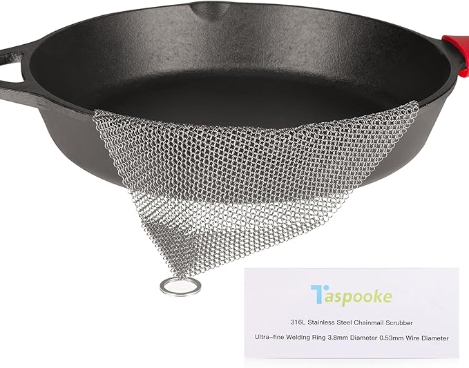 Cast Iron Cleaner and Chainmail Skillet Scrubber - 4''x4'' Upgraded 3.8mm Small Ring, 316L Stainless Steel Fine Rings - Durable Scraper for Skillets, Pans, Griddles & Containers