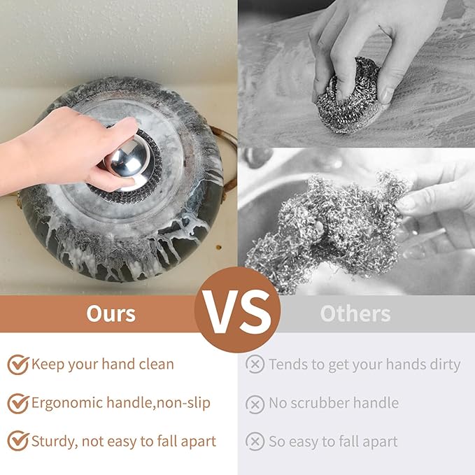 9Pcs Steel Wool Scrubber with Replacement Wire Sponge Pads Set, Stainless Steel Scrubber with Handle for Scouring Messes from Cast Iron, Frying pan, Pots, Pans, Grill, Stoves, Sink(1 Scrubber+8 Pads)