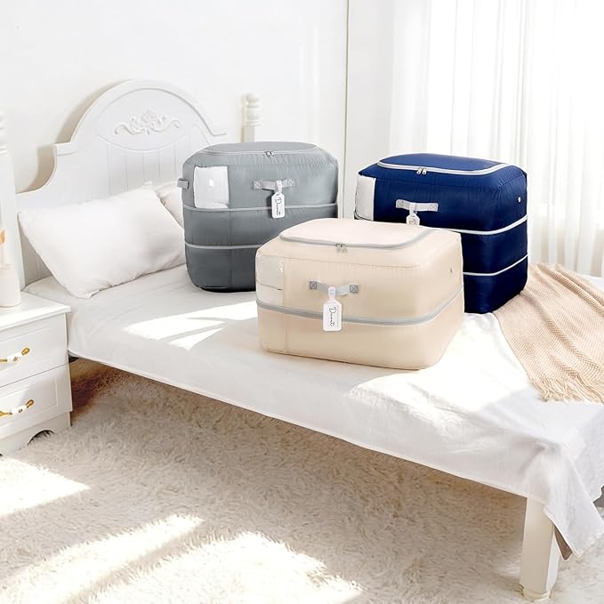 Comforter Storage Bag - 110L Large Capacity Blanket Storage Bags Ultra Space Saving Self Compression Organizer, Washable Compression Bags for Storage Comforter Blanket, 6-Pack, Navy Blue