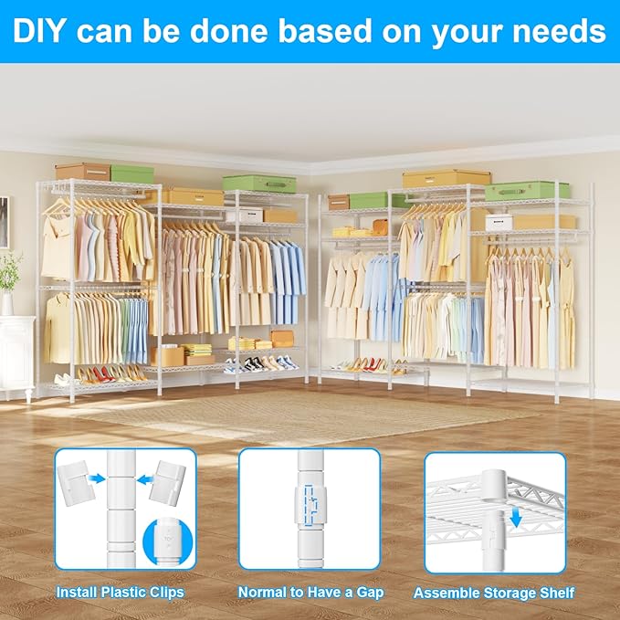 Ulif E13 Pro Heavy Duty Clothes Rack（With 4 Hanger Rods & 8 Shelves） Freestanding Clothing Racks for Hanging Clothes，Adjustable Closet，Metal Garment Rack 75" W x16 D x77 H，Max Load 1000LBS，White
