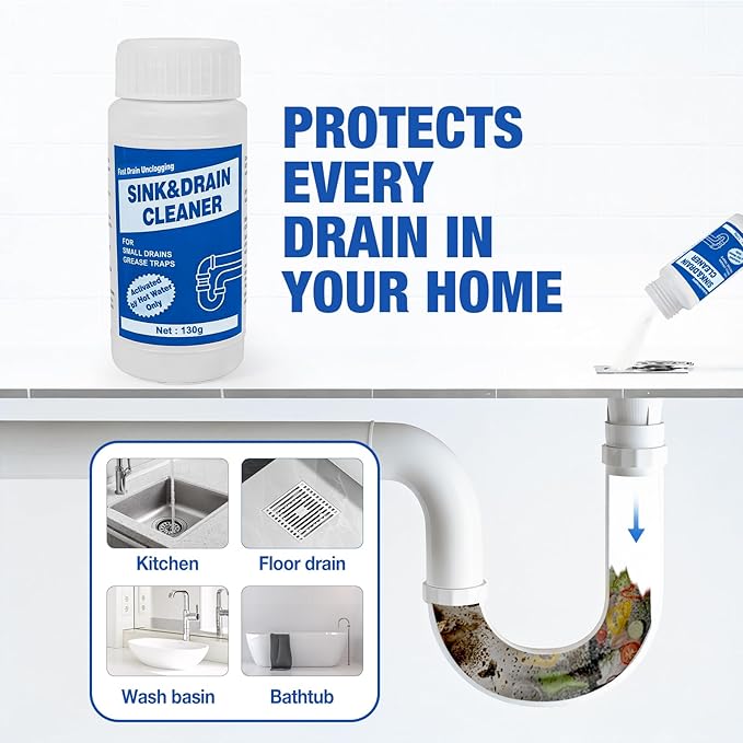 Sink and Drain Cleaner Powder: All-Purpose Pipe Opener for Kitchen Bathroom Pipes and Floor Drains – Reliable Drain Clog Remover for Home Plumbing Maintenance（4 pack）