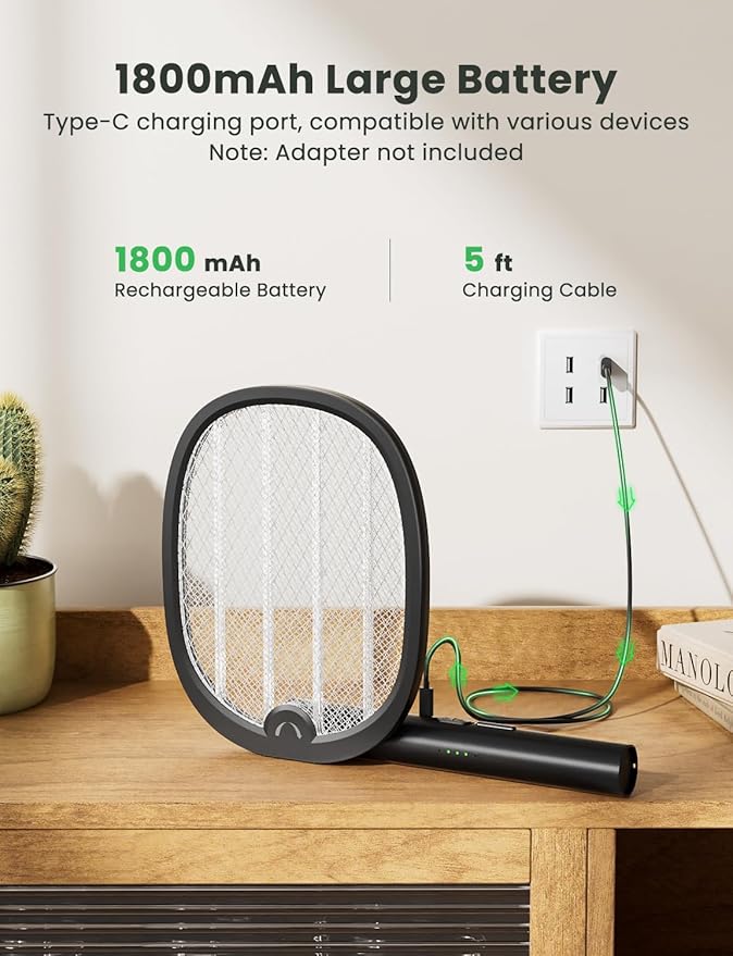 YISSVIC Electric Fly Swatter Foldable Bug Zapper Racket 2 in 1 Mosquito Killer with Attractant Light Rechargeable 1800mAh for Indoor Home Backyard Patio Camping