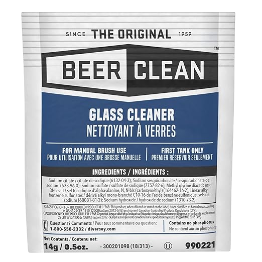 BEER CLEAN Diversey Bar Glass Cleaner, 0.5 oz Packets (100-Pack) – Concentrated Powdered Compound for Hot/Cold Water, Odorless Detergent, No Residue, Use for Manual Brush 3-Sink Systems, 990221