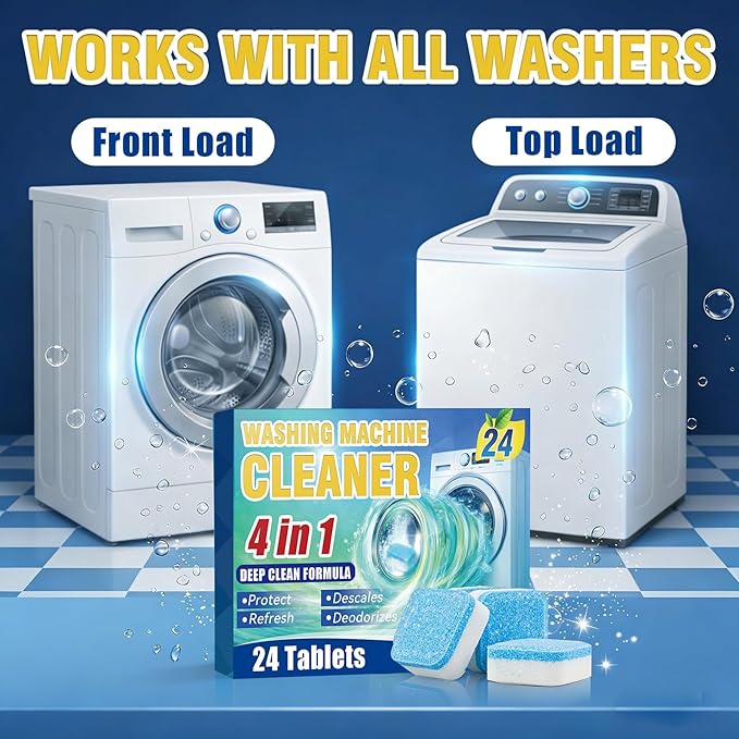 Sugelary Washing Machine Cleaner Tablets 24-Pack, Deep Clean Descaler for Front Loader and Top Load Washers, Washer Cleaner Help Clean Inside Drum and Laundry Tub Seal