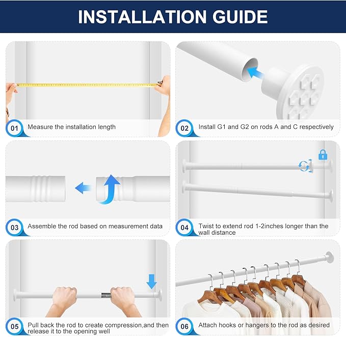 No Drilling Closet Rod, 27.5-94 Inches Hanging Closet Rod for Clothes, Closet Bar & Pole Heavy-duty, Closet Rods for Hanging Clothes For Closet Wardrobes Bathroom Laundry RV Curtains,White