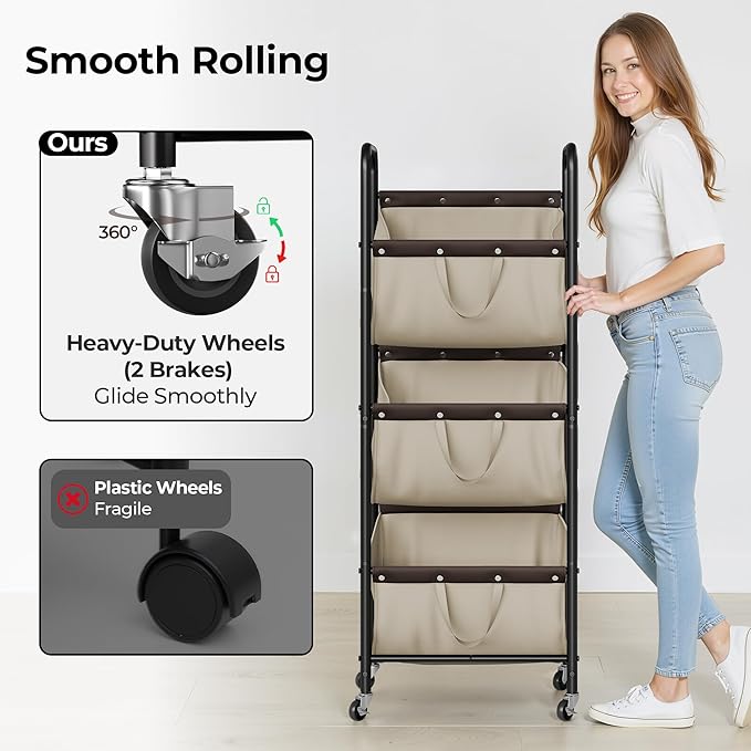 GRANNY SAYS 3 Tier Laundry Sorter, Laundry Basket with Wheels, Laundry Room Organization and Storage, 3 Section Rolling Laundry Cart for Dorm, Bathroom, Bedroom, Closet, Light Khaki