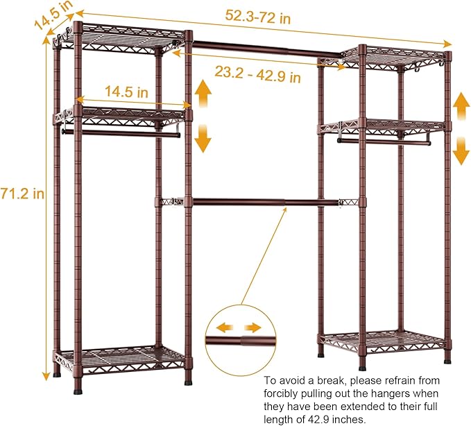 Ulif E7 Garment Rack, Heavy Duty Clothes Storage System with Extendable Hangers Rods, Metal Clothing Rack with 6 Wire Shelves, (52.3"-72") W x 14.5" D x 71.2" H, Load 838lbs, Bronze