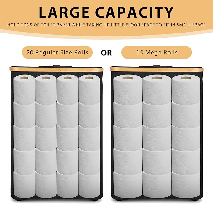 Odonata Large Toilet Paper Storage Basket with Lid, Slim Toilet Paper Organizer, Hold up to 20 Regular Rolls or 15 Mega Rolls. (Black, 49L)