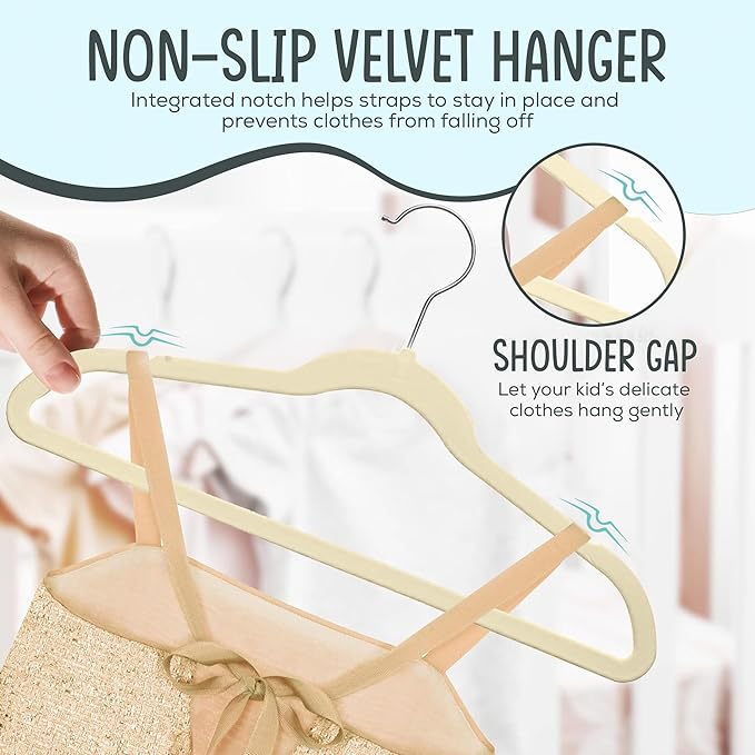 TechZoo 25 Premium Kids Velvet Hangers - 14" Non-Slip Clothes Hangers for Kids & Preteens - Ultra Slim, Space-Saving, Strong & Durable Hangers with 360° Swivel Hook - Beige