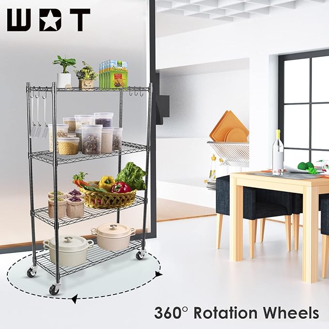 WDT 4-Tier Storage Shelves, Heavy Duty Metal Shelves Wire Rack Shelving Unit, Adjustable Shelf with Wheels for Home Office Garage Kitchen Shelf, 36" D x 14" W x 58" H