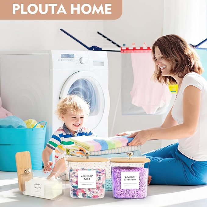 3 Pack Laundry Room Organization Storage Containers, Plastic Clear Laundry Pods Container & Dryer Sheet Holder Jars with Lids, Scoops & Labels for Detergent, Powder, Dryer Balls, Beads