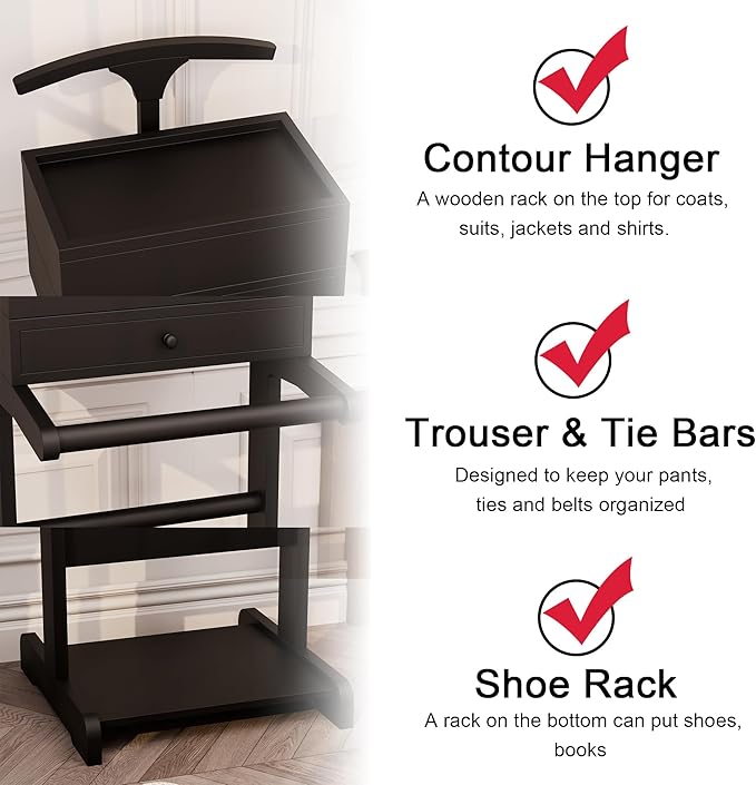 Brefhome Luxury Mens Valet Stand with Storage Drawer & Jewelry Tray, Executive Wooden Clothes Rack for Men Women, Garment Organizer for Suit, Tie, Pant, Watch & Phone, Black (Box + Drawer)