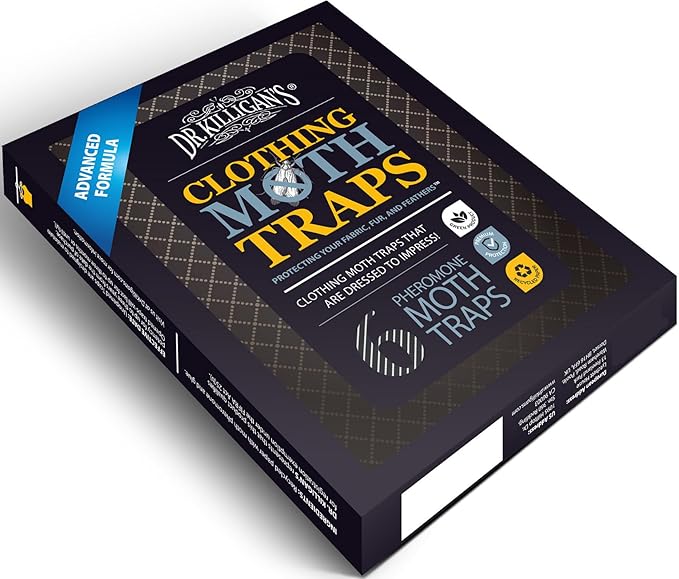 Dr. Killigan's Premium Double Potent Clothing Moth Traps with Pheromones Prime - Trap with Lure for Clothes Closets & Carpet - Case Making & Web Spinning Moth Prevention (20 Pack, Black)