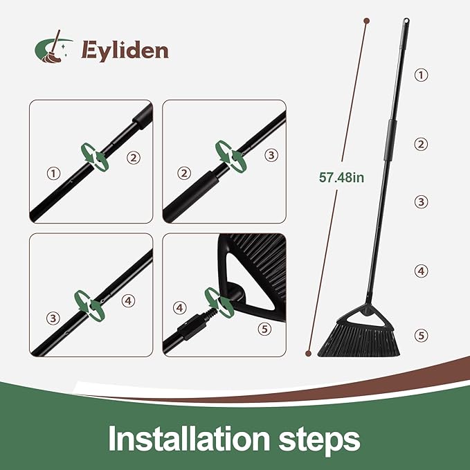 Eyliden Broom, Angle Broom with 57" Long Handle, PET Bristles - Fit Heavy-Duty Cleaning, Also Works Well Fine Dust - Commercial Outdoor Indoor Sweeper for Courtyard Sidewalk Deck Kitchen Lobby, Black