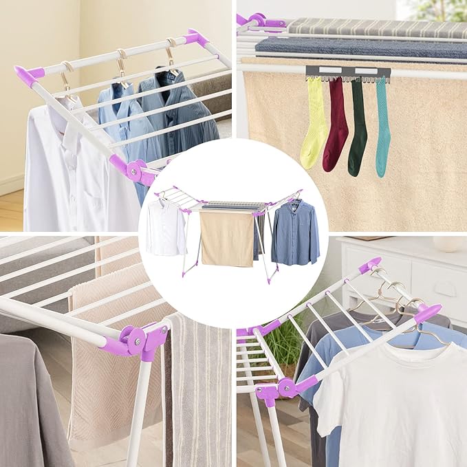Clothes Drying Rack, Gullwing Laundry Rack, Collapsible, Space-Saving Laundry Rack, with Bonus Sock Clips, for Clothes, Towels, Linens, Indoor/Outdoor, Purple