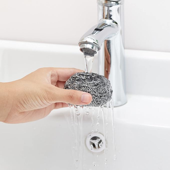 COOLJOB 6/12 Pack Stainless Steel Scrubber Sponges, Heavy Duty Tough Metal Scouring Pads for Dishes, Pans, Pots, Ovens, Uncoated Cookware, Powerful to Clean Grease Dirt Oil or Rust (Sliver, 25 Grams)