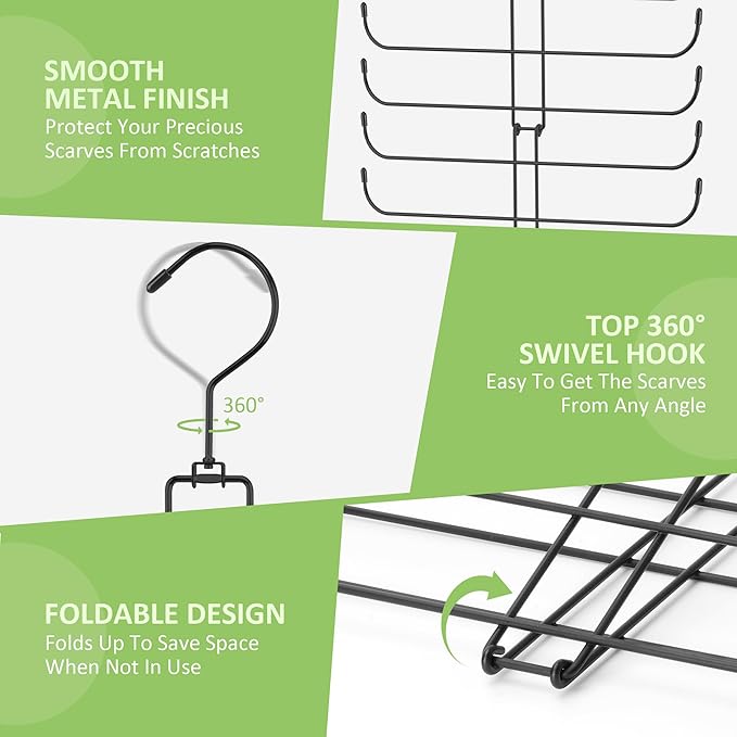 2 Pack Scarf Hanger for Closet, 40 Large Capacity Scarf Organizer, Space Saving Scarf Holder Hijab Rack Closet Organizers and Storage, Black