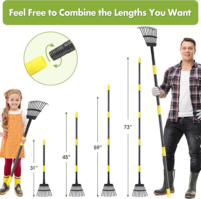 INFLATION Garden Rake for Leaves Sturdy Small Metal Yard Leaf Rakes for Lawns 78" Length 8.5 Inch Wide Adjustable 11 Tines for Women Men Kids Lightweight with Non-Slip Comfortable Smooth Long Handle
