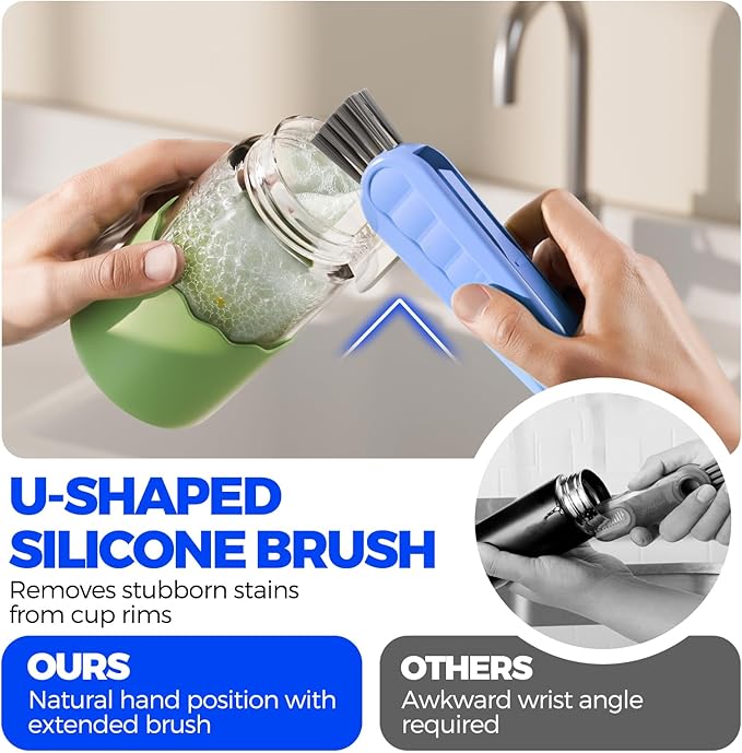6 Pack Holikme 4 in 1 Cup Lid Cleaning Brush Set with 3 Straws, Multifunctional Bottle Brush, Silicone Cup Lid Gap Cleaner, Durable Bristle Crevice Cleaning Brush, Blue