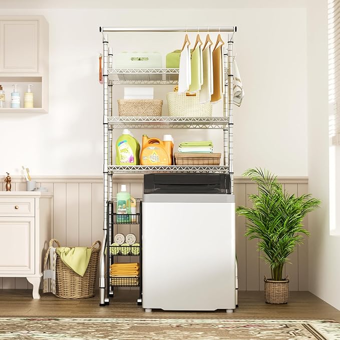 Ulif U11 Over Washer and Dryer Shelves, 3 Tiers Laundry Room Storage and Organizer Standing Shelf, Metal Freestanding Clothes Drying Rack, 33.9" W x 19.7" D x 77.6" H, Chrome