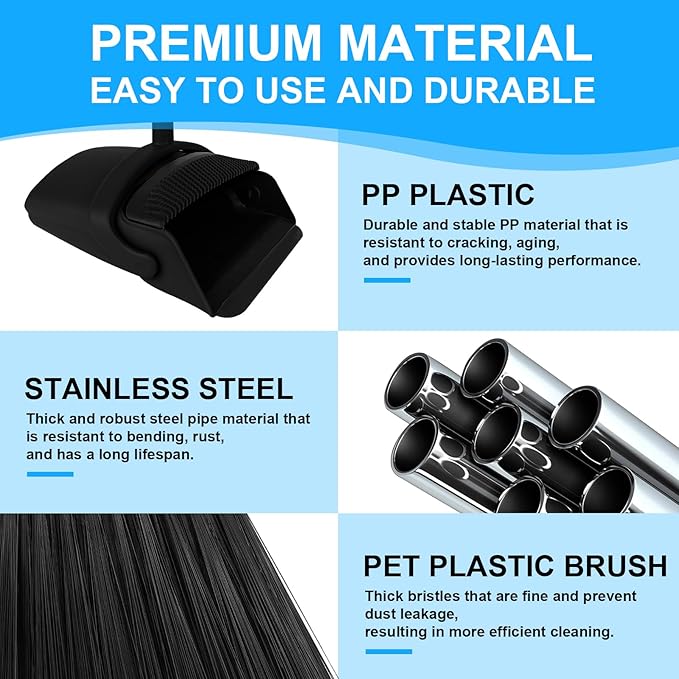Broom with Dustpan Combo Set and Silicone Air Broom Kit, 51" Long Handle Floor Squeegee, Black Household Kit for Glass Window Rugs Pet Hair Home