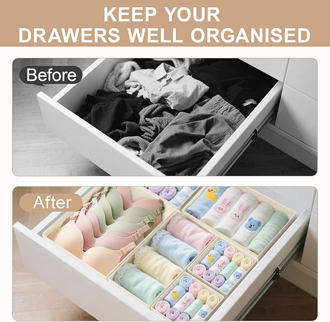 Dorisun Drawer Organizer Clothes - Dresser Organizer for Baby Clothes, Underwear, Sock - Nursery Organization - Foldable Closet Organizatio Dividers for Bra, Belt, Tie (Beige, 6 Pack)