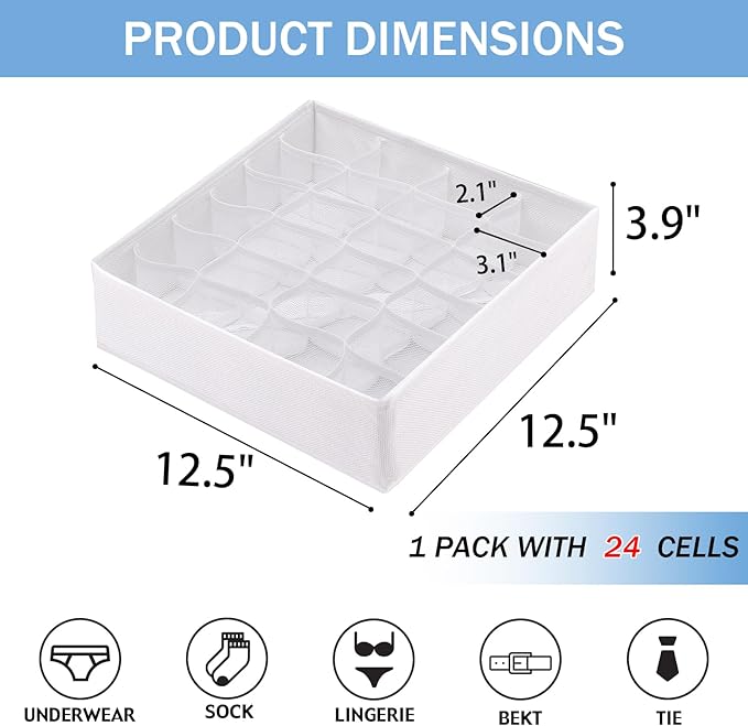 Foldable Storage Cubes Drawer Underwear Organizer Dividers， under Cabinet Organizer 24-Cell Fabric Storage Boxes for Lingerie,Socks,Ties （White）