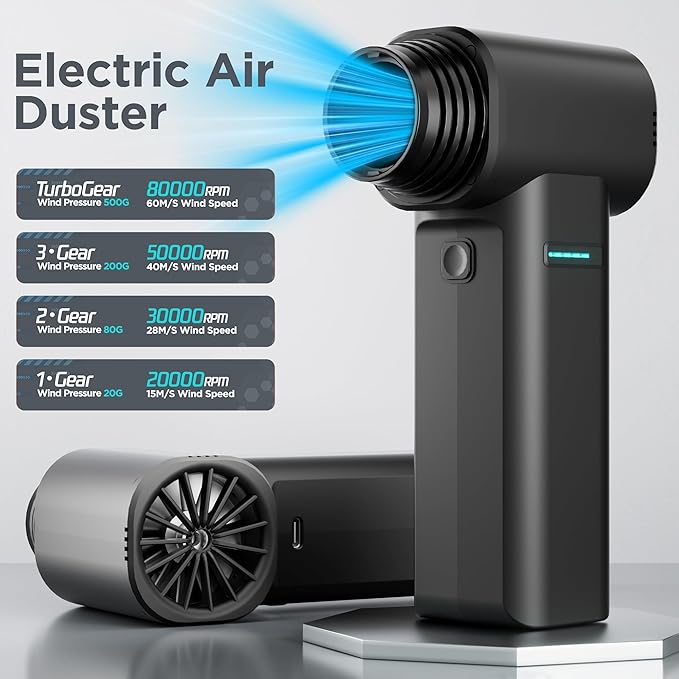 Compressed Air Duster, High-Power Electric Air Duster with Brushless Motor, 4-Gear Adjustable Cordless Air Blower, Max Wind Speed 60m/s, 500G Dust Blower for Computer, Keyboard, Home, Car, and Outdoor