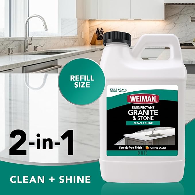 Weiman Disinfecting Granite and Stone Countertop Cleaner and Polish - Safely Cleans & Shines Marble, Quartz Quartzite Slate, Limestone, Corian, Laminate Tile, 64 Oz, 2 Pack