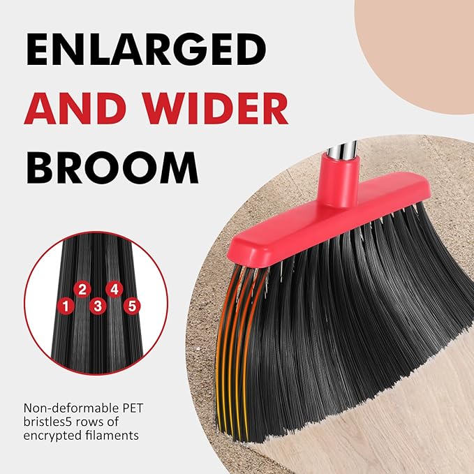 NACENA Heavy Duty Broom, 55 Inch Long Handle Outdoor Large Angle Brooms, Commercial Broom for Sweeping Indoor, for Home Garage Kitchen Office Courtyard Lobby Patio Lawn Concrete, 2 Pack (Black&Red)
