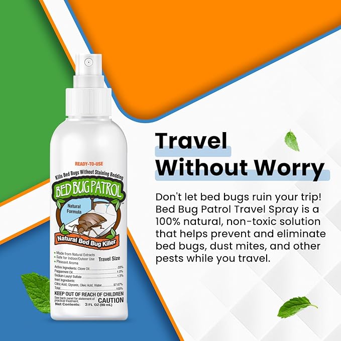 TSA Approved Bed Bug Spray 3oz – Natural Plant-Based Killer for Luggage, Travel, Hotels, Airbnb, Cars & Buses – Safe for Children & Pets – Compact On-The-Go Use – Bed Bug Patrol