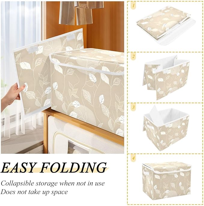 Large Storage Bins with Linen Collapsible Foldable Storage Cubes Fabric Closet Organizer Containers box with Flip-Top Lid for Home Bedroom Office 16.7 x 12.6 x 11.8in (White Line Leafs Ink Beige)